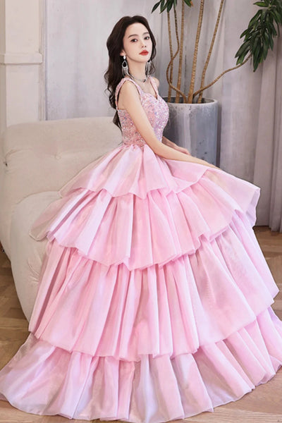 Pink Sequins A Line Layered Long Prom Dresses, Long Pink Formal Graduation Evening Dresses WT1407