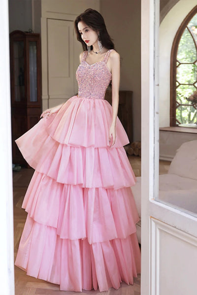 Pink Sequins A Line Layered Long Prom Dresses, Long Pink Formal Graduation Evening Dresses WT1407