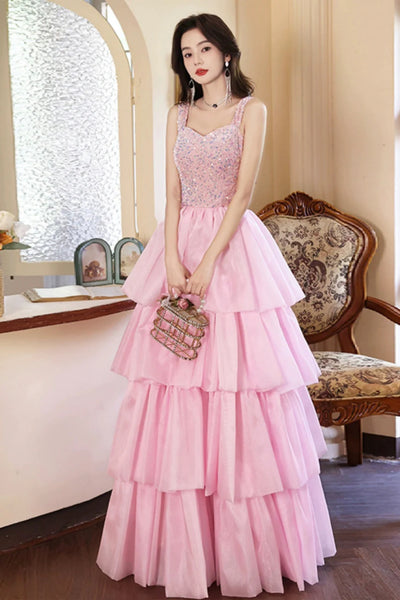 Pink Sequins A Line Layered Long Prom Dresses, Long Pink Formal Graduation Evening Dresses WT1407