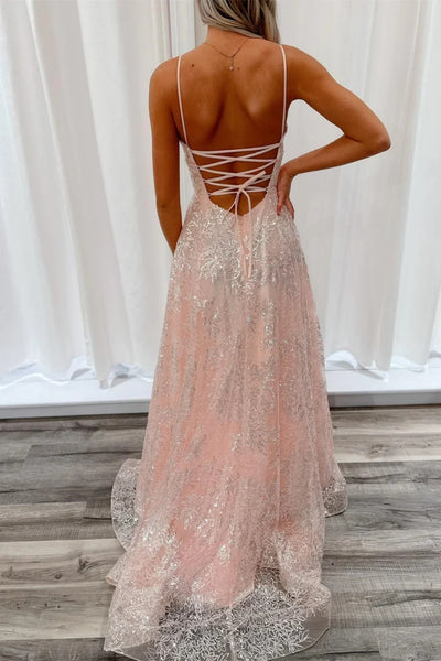 Pink Shiny A Line V Neck Open Back Lace Long Prom Dresses, Pink Lace Formal Graduation Evening Dresses WT1355