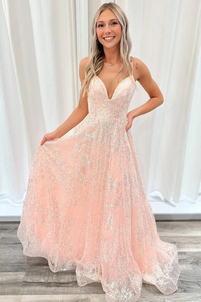 Pink Shiny A Line V Neck Open Back Lace Long Prom Dresses, Pink Lace Formal Graduation Evening Dresses WT1355