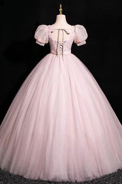 Pink Short Sleeves Floor Length Tulle Long Prom Dresses, Long Pink Tulle Formal Evening Dresses WT1545