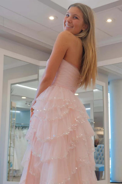 Pink Strapless Layered Tulle Long Prom Dresses with High Slit, Pink Tulle Formal Graduation Evening Dresses WT1472