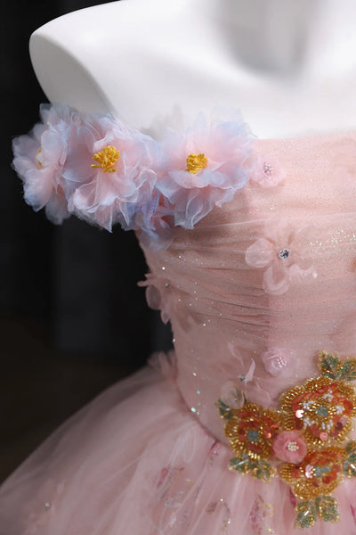 Pink Tulle A Line Lace Long Prom Dresses with Appliques, Pink Floral Formal Evening Dresses WT1676