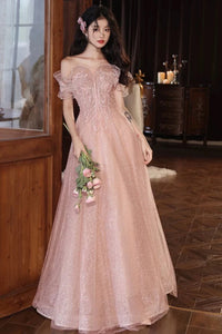 Pink Tulle A Line Off Shoulder Lace Long Prom Dresses, Off the Shoulder Pink Formal Dresses, Pink Lace Evening Dresses WT1541