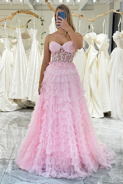 Pink Tulle A Line Open Back Layered Lace Long Prom Dresses, Pink Lace Formal Graduation Evening Dresses WT1490