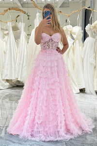 Pink Tulle A Line Open Back Layered Lace Long Prom Dresses, Pink Lace Formal Graduation Evening Dresses WT1490