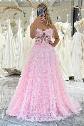 Pink Tulle A Line Open Back Layered Lace Long Prom Dresses, Pink Lace Formal Graduation Evening Dresses WT1490