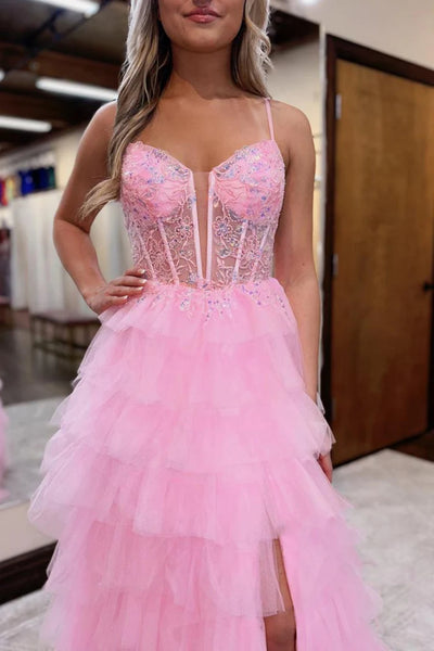 Pink Tulle A Line Open Back V Neck Beaded Long Prom Dresses, Long Pink Formal Graduation Evening Dresses WT1463