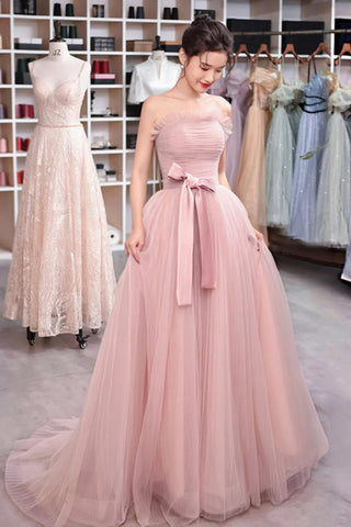 Pink Tulle A Line Strapless Long Prom Dresses, Strapless Pink Formal Graduation Evening Dresses WT1308