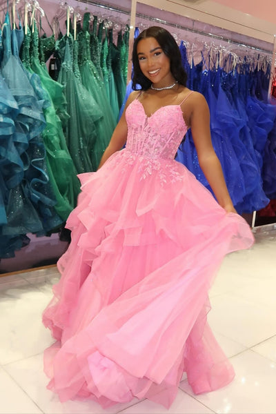 Pink Tulle A Line V Neck Lace Long Prom Dresses, Pink Lace Formal Dresses, Pink Evening Dresses WT1716