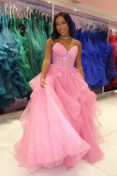 Pink Tulle A Line V Neck Lace Long Prom Dresses, Pink Lace Formal Dresses, Pink Evening Dresses WT1716