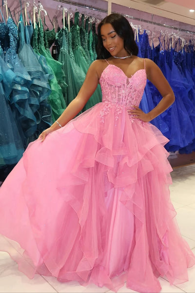 Pink Tulle A Line V Neck Lace Long Prom Dresses, Pink Lace Formal Dresses, Pink Evening Dresses WT1716