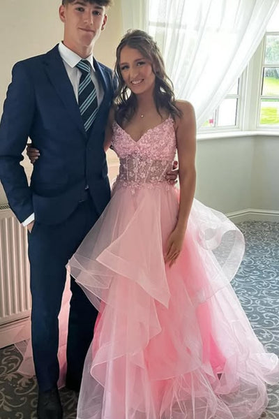 Pink Tulle A Line V Neck Lace Long Prom Dresses, Pink Lace Formal Dresses, Pink Tulle Evening Dresses WT1753