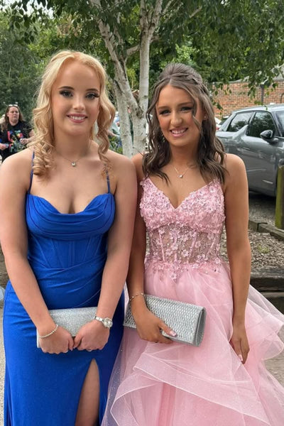 Pink Tulle A Line V Neck Lace Long Prom Dresses, Pink Lace Formal Dresses, Pink Tulle Evening Dresses WT1753