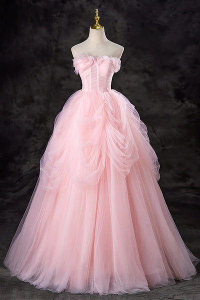 Pink Tulle Gorgeous Strapless Long Prom Dresses, Long Pink Formal Evening Dresses, Pink Ball Gown WT1555