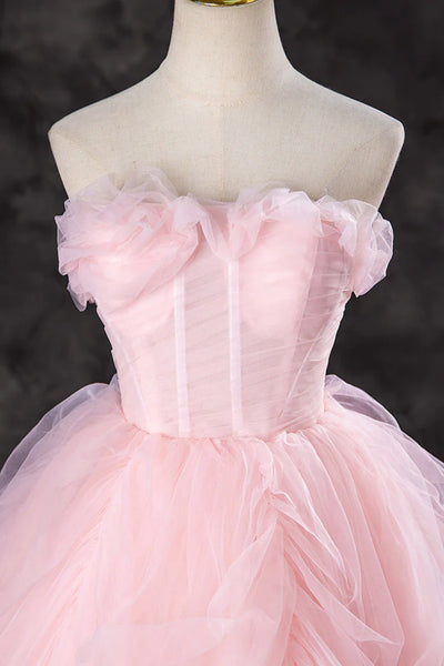 Pink Tulle Gorgeous Strapless Long Prom Dresses, Long Pink Formal Evening Dresses, Pink Ball Gown WT1555