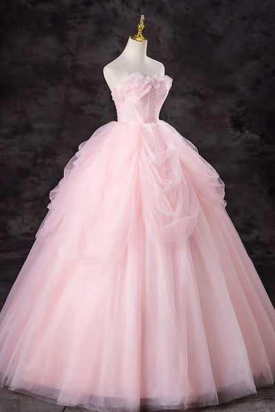 Pink Tulle Gorgeous Strapless Long Prom Dresses, Long Pink Formal Evening Dresses, Pink Ball Gown WT1555