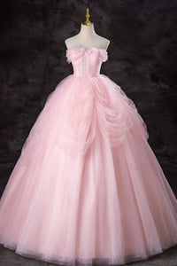 Pink Tulle Gorgeous Strapless Long Prom Dresses, Long Pink Formal Evening Dresses, Pink Ball Gown WT1555
