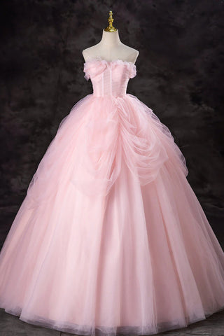 Pink Tulle Gorgeous Strapless Long Prom Dresses, Long Pink Formal Evening Dresses, Pink Ball Gown WT1555