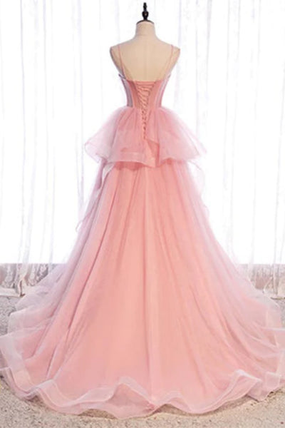 Pink Tulle Layered Long Prom Dresses, Long Pink Formal Evening Dresses, Pink Party Dress WT1448