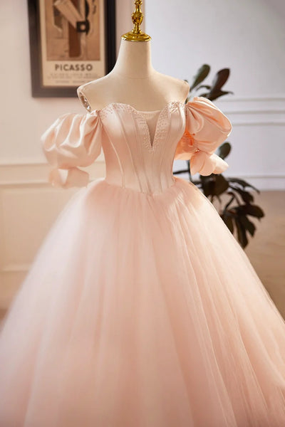 Pink Tulle Off Shoulder Short Sleeves Long Prom Dresses, Off the Shoulder Pink Formal Evening Dresses, Pink Ball Gown WT1447