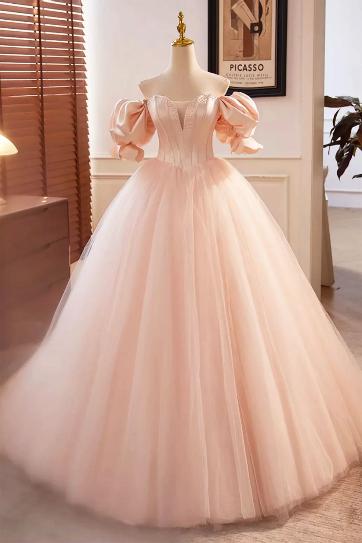 Pink Tulle Off Shoulder Short Sleeves Long Prom Dresses, Off the Shoulder Pink Formal Evening Dresses, Pink Ball Gown WT1447