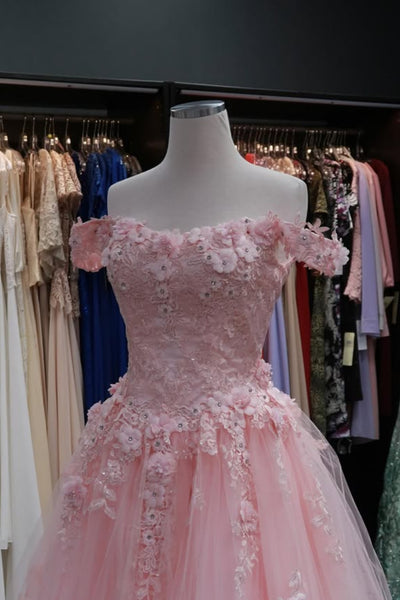 Pink Tulle Off the Shoulder Lace Long Prom Dresses, Pink Lace Formal Dresses, Pink Evening Dresses WT1765