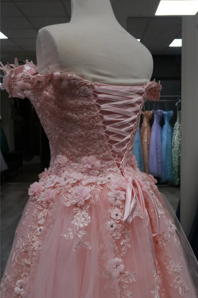 Pink Tulle Off the Shoulder Lace Long Prom Dresses, Pink Lace Formal Dresses, Pink Evening Dresses WT1765