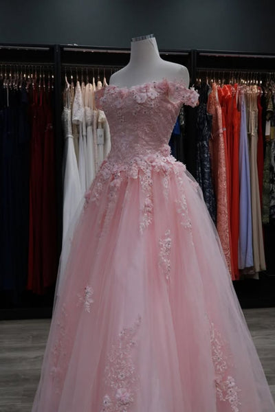 Pink Tulle Off the Shoulder Lace Long Prom Dresses, Pink Lace Formal Dresses, Pink Evening Dresses WT1765
