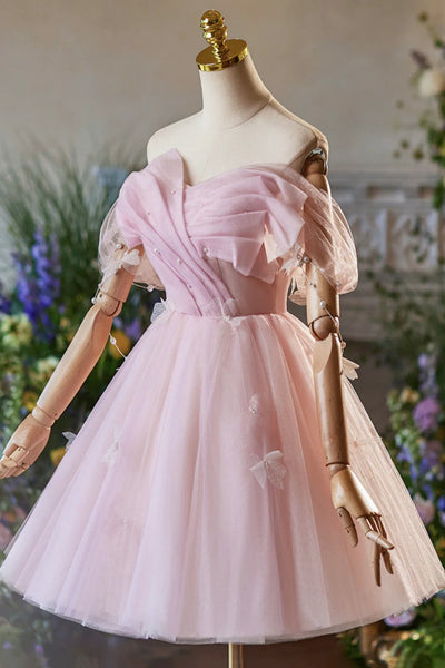 Pink Tulle Off the Shoulder Short Prom Dresses with Pearls, Off Shoulder Pink Homecoming Dresses WT1529