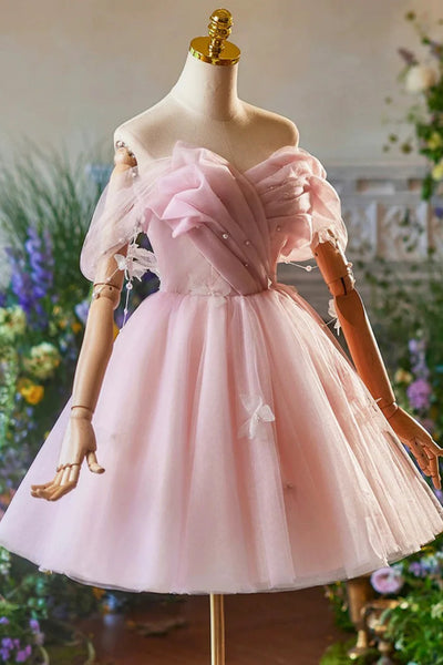 Pink Tulle Off the Shoulder Short Prom Dresses with Pearls, Off Shoulder Pink Homecoming Dresses WT1529