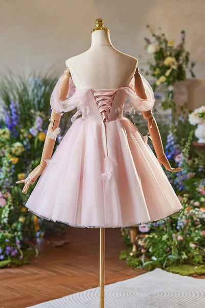 Pink Tulle Off the Shoulder Short Prom Dresses with Pearls, Off Shoulder Pink Homecoming Dresses WT1529