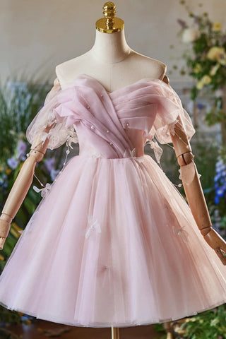 Pink Tulle Off the Shoulder Short Prom Dresses with Pearls, Off Shoulder Pink Homecoming Dresses WT1529