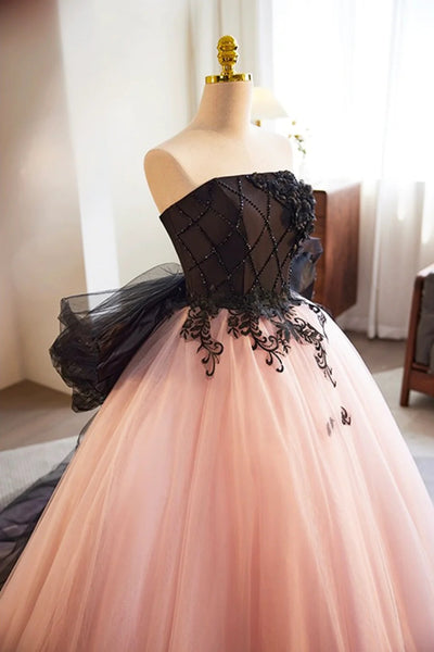 Pink Tulle Strapless Black Lace Long Prom Dresses, Pink Formal Dresses with Black Appliques, Pink Evening Dresses WT1439