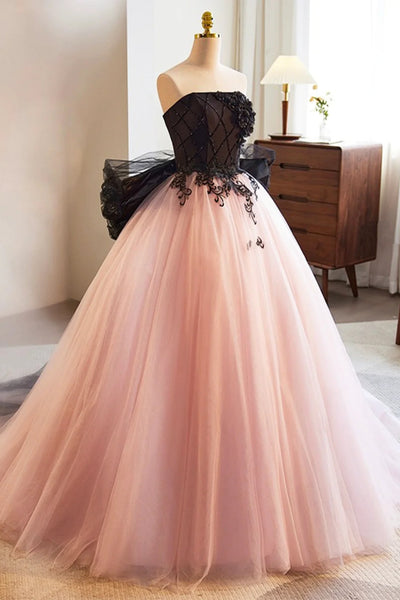 Pink Tulle Strapless Black Lace Long Prom Dresses, Pink Formal Dresses with Black Appliques, Pink Evening Dresses WT1439