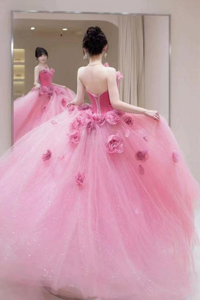 Pink Tulle Strapless Floral Long Prom Dresses with Velvet Top, Pink Formal Evening Dresses with 3D Flowers, Ball Gown WT1635
