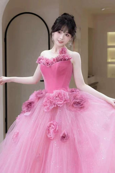 Pink Tulle Strapless Floral Long Prom Dresses with Velvet Top, Pink Formal Evening Dresses with 3D Flowers, Ball Gown WT1635