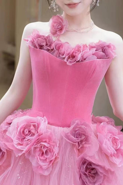 Pink Tulle Strapless Floral Long Prom Dresses with Velvet Top, Pink Formal Evening Dresses with 3D Flowers, Ball Gown WT1635