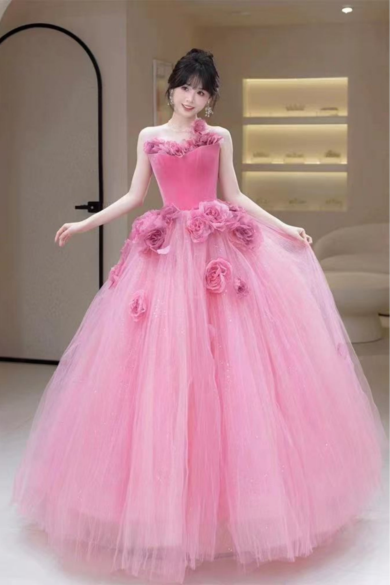 Pink Tulle Strapless Floral Long Prom Dresses with Velvet Top, Pink Formal Evening Dresses with 3D Flowers, Ball Gown WT1635