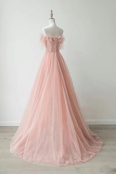 Pink Tulle Strapless Lace Long Prom Dresses, Pink Lace Formal Dresses, Long Pink Evening Dresses WT1323