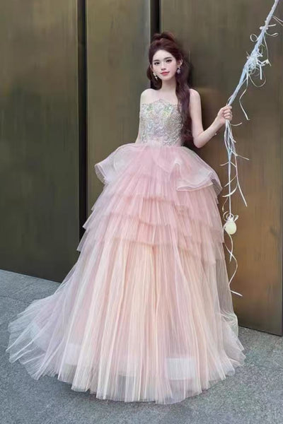 Pink Tulle Strapless Layered Beaded Long Prom Dresses, Pink Beaded Formal Dresses, Pink Evening Dresses