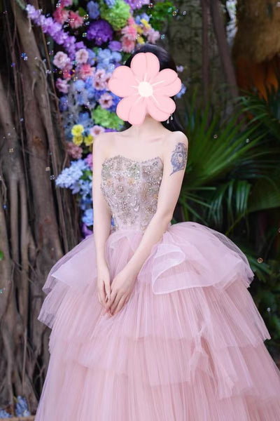 Pink Tulle Strapless Layered Beaded Long Prom Dresses, Pink Beaded Formal Dresses, Pink Evening Dresses