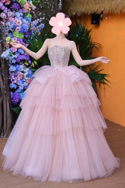 Pink Tulle Strapless Layered Beaded Long Prom Dresses, Pink Beaded Formal Dresses, Pink Evening Dresses