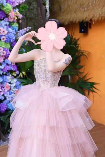 Pink Tulle Strapless Layered Beaded Long Prom Dresses, Pink Beaded Formal Dresses, Pink Evening Dresses