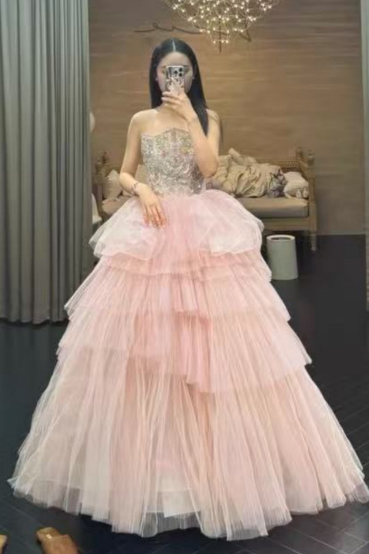 Pink Tulle Strapless Layered Beaded Long Prom Dresses, Pink Beaded Formal Dresses, Pink Evening Dresses
