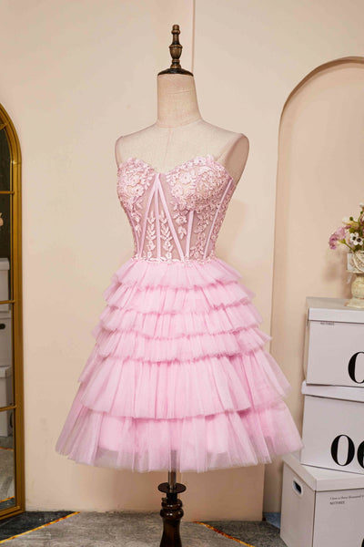 Pink Tulle Strapless Layered Lace Short Prom Dresses, Pink Lace Homecoming Dresses, Pink Formal Graduation Evening Dresses WT1291