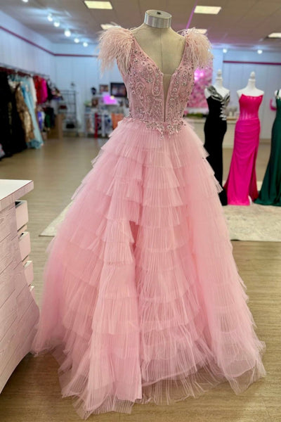 Pink Tulle V Neck Beaded Long Prom Dresses with Feather, Pink Formal Graduation Evening Dresses with Beadings WT1732