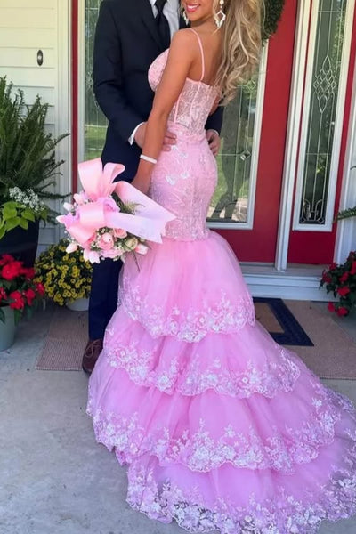 Pink V Neck Mermaid Lace Long Prom Dresses with High Slit, Pink Lace Formal Dresses, Pink Evening Dresses WT1773