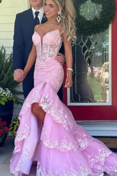 Pink V Neck Mermaid Lace Long Prom Dresses with High Slit, Pink Lace Formal Dresses, Pink Evening Dresses WT1773